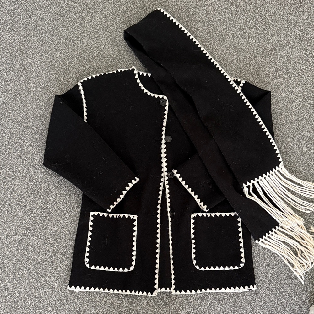 Navy & White Cardigan with White Trim and Scarf